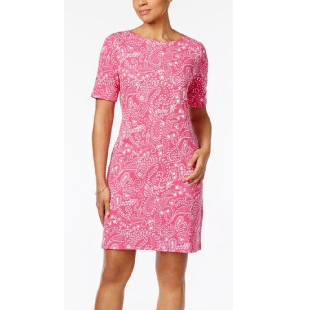 Karen Scott Sport Shift Dress Pink Paisley Cuffed Sleeve Boat Neck Size L